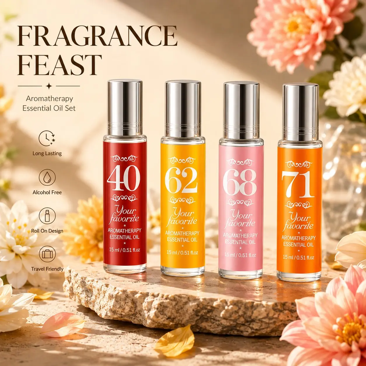 Brazilian Digital Perfume Roller Set 15ML, 4-Pack, Travel Size Perfumes, Long-Lasting Scent, Alcohol-Free Women's Perfume, Multiple Scents, Travel-Friendly, Christmas Gift