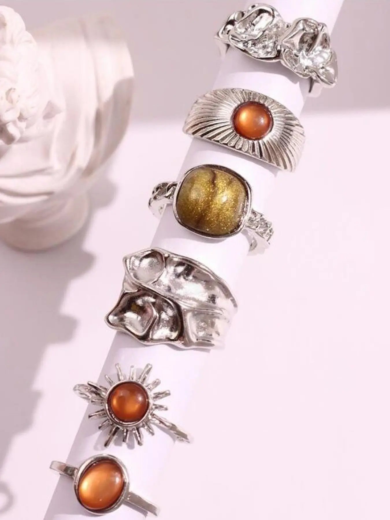 Women's Vintage Elegant Silver Color Boho Ring Set, Floral Heart Rhinestone Moon Star Geometric Cat Eye Stone Design, All Seasons Jewelry Gift
