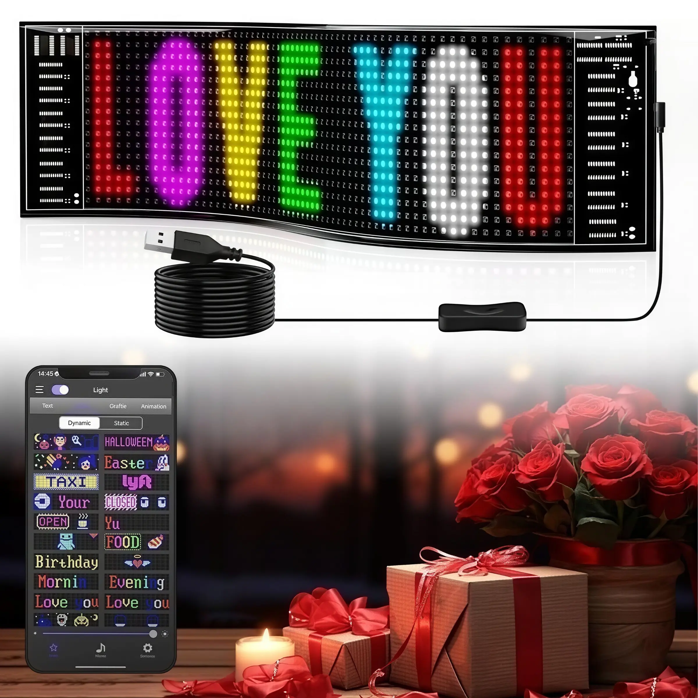Flexible Ultra-Thin Programmable LED Demon Eye Lights for Cars - Customizable Text, Images & Animations via APP/Remote Control, USB-Powered Rolling LED Panels, Ideal for Car Decoration, Storefront Displays and Concert Events