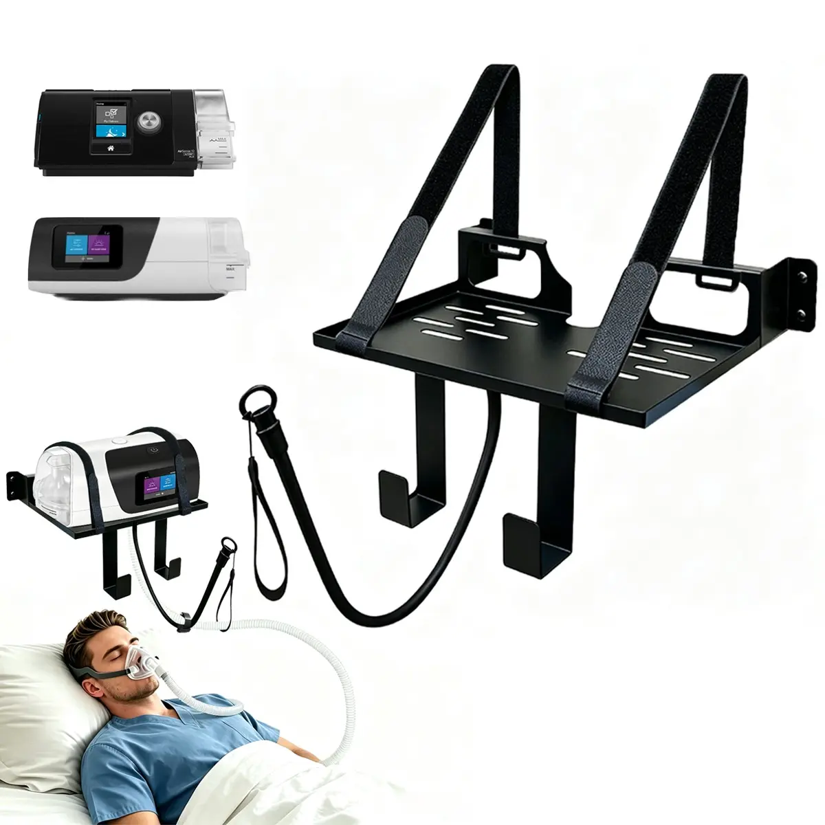 Cpap Wall Mount Bracket Compatible with Resmed Airsense 11, Adjustable Tube Hook + Mask Hook, Anti-Tangle, Bedside Storage Organizer
