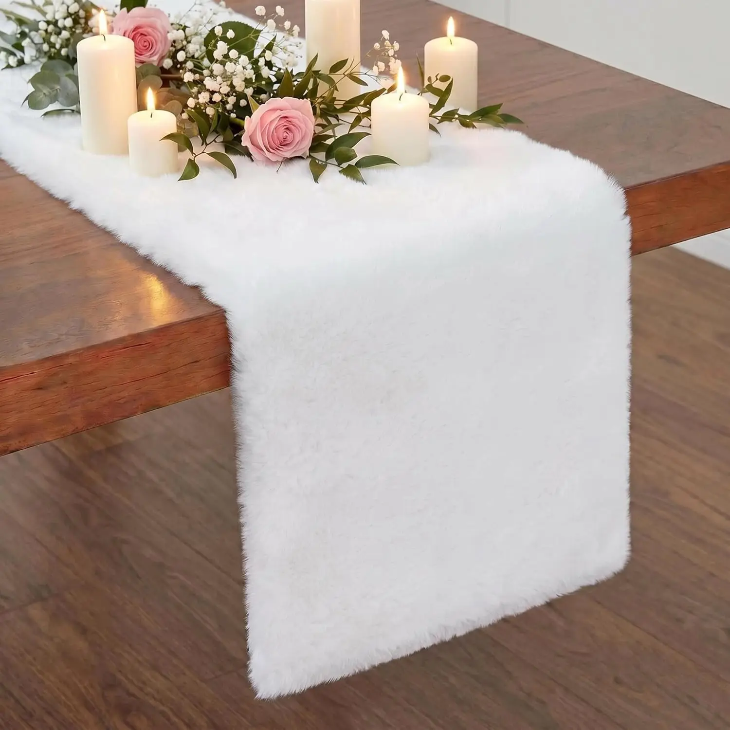 White Faux  Table Runner 60 inches Long,  Dresser Coffee Table Runner Nightstand Covers Spring Wedding Holiday Decor