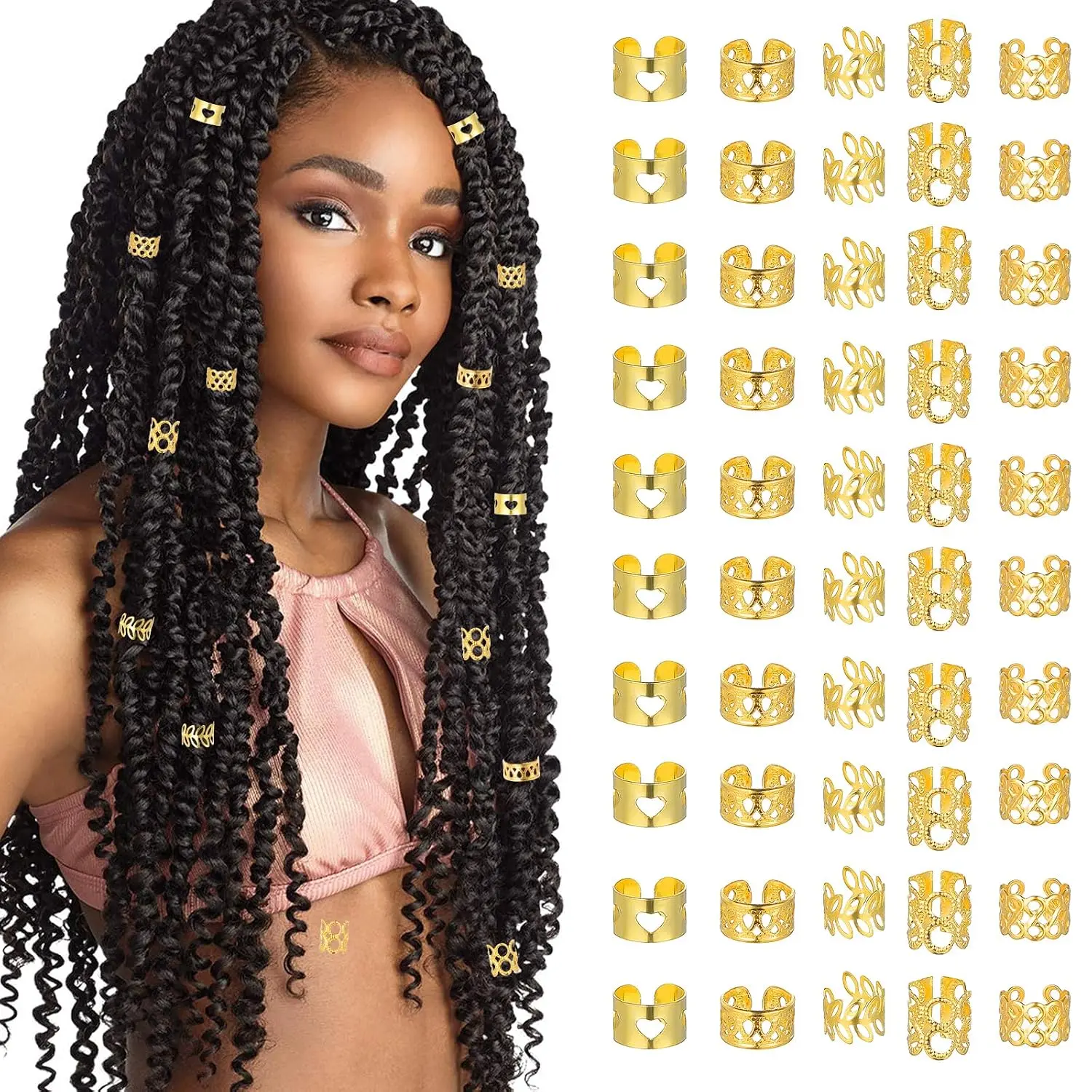 50 count Hair  for Women  Hair Cuffs for Braids Multiple Styles Hair Clip Charms Rings Beads Braid Clips Loc Jewels for Black Women Dreadlock Hair Decorations  Festival Party