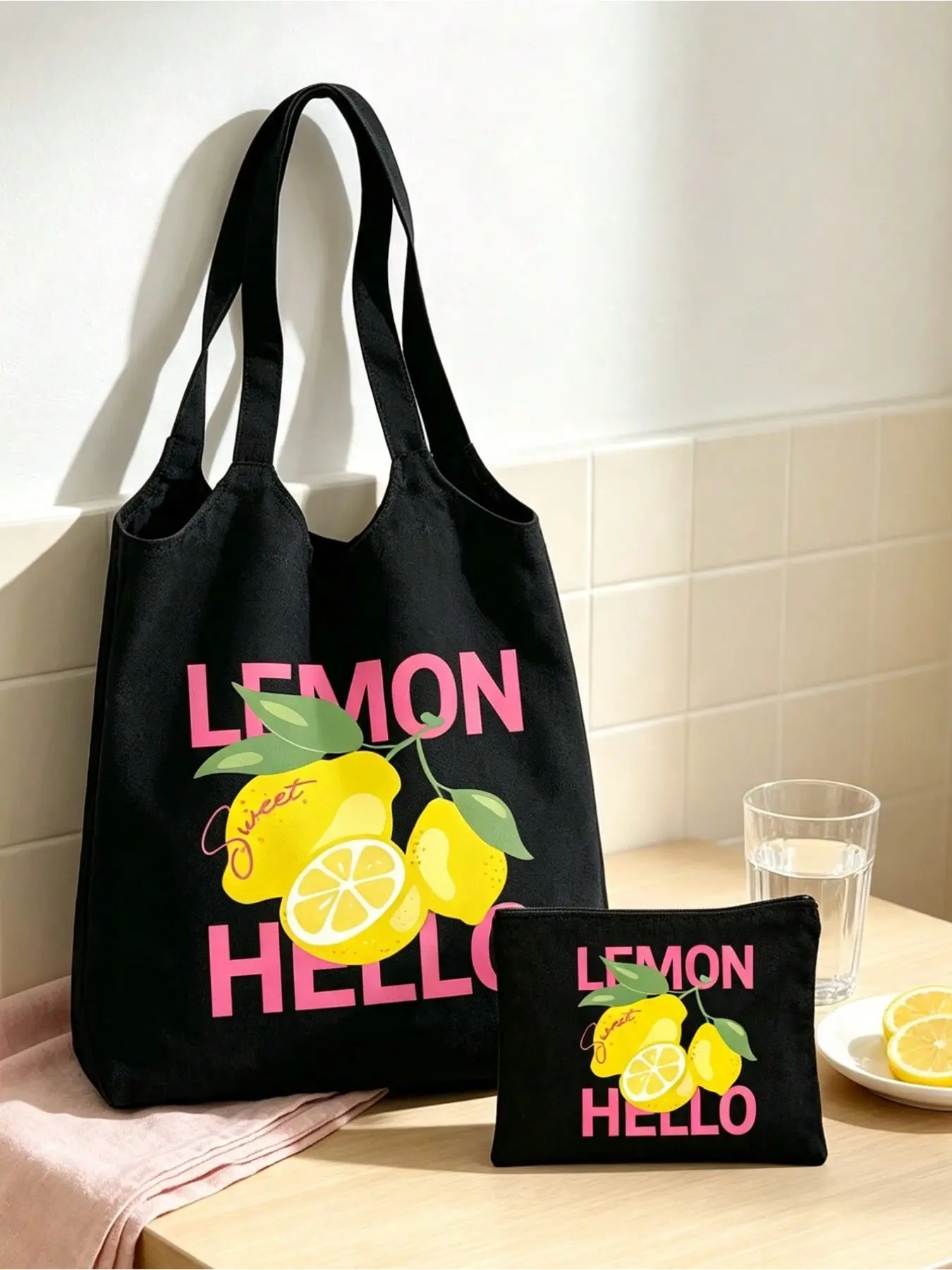 2‑Piece Canvas Tote Bag Set, Yellow Lemon "LEMON HELLO" Print with Black Zipper Pouch, Foldable Pink White Stripe Large Beach Travel Shopping Handbag, Holiday Birthday Wedding Back‑to‑School Teacher’s Day Halloween Christmas Gift for Women