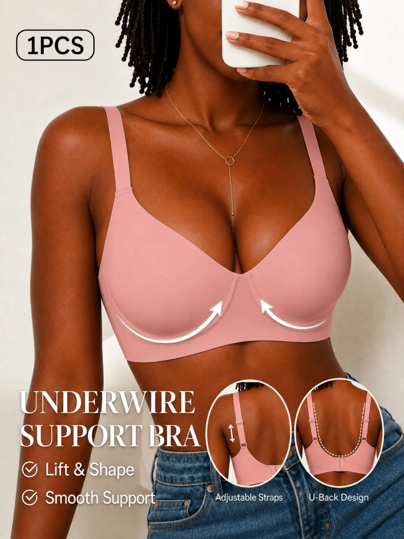 1PCS Comfortable Underwire Bra, Full Coverage Support, Smooth Seamless Design, Adjustable Straps, Daily Wear Lingerie, Women's Bras, Everyday