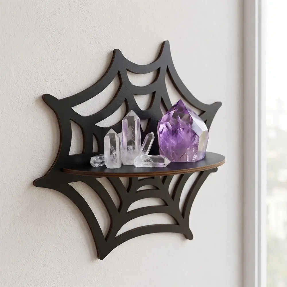 Halloween Spider Web Ghost Bat Wooden Wall Mount Shelf, Hollow Out Carved No-Drill Wall Storage Rack, Gothic Style Decorative Organizer