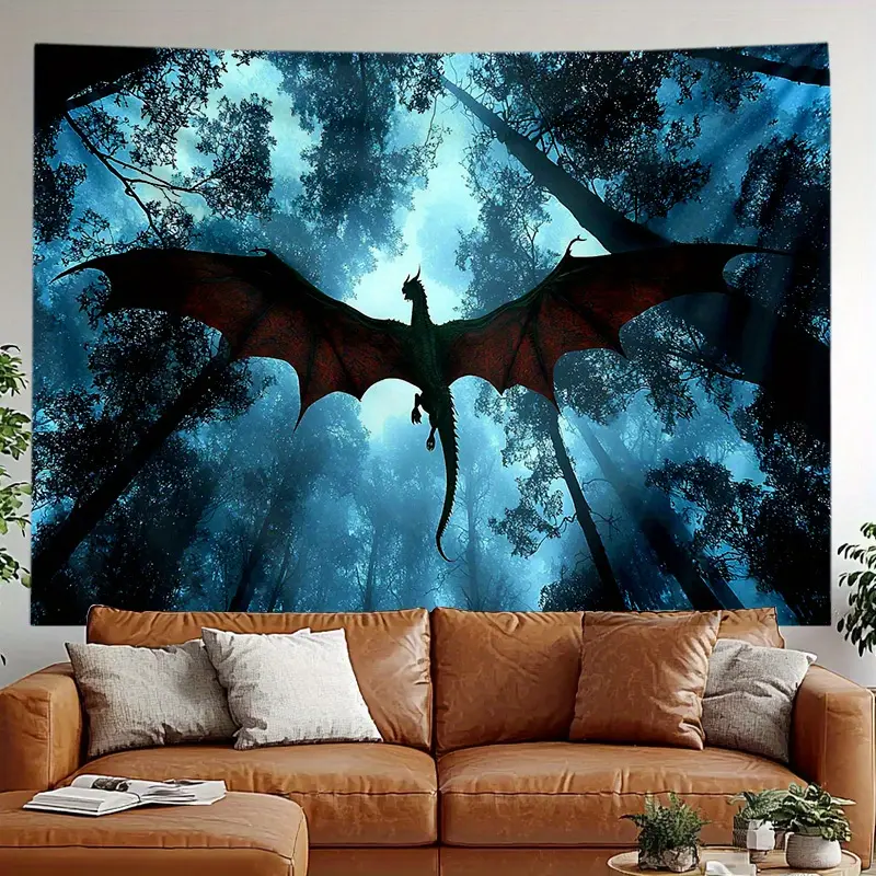 Vintage Artistic 2D Flat Dragon Tapestry Banner - Flying Dragon in Mysterious Forest Design, Suitable for Home Decor, Studio Use