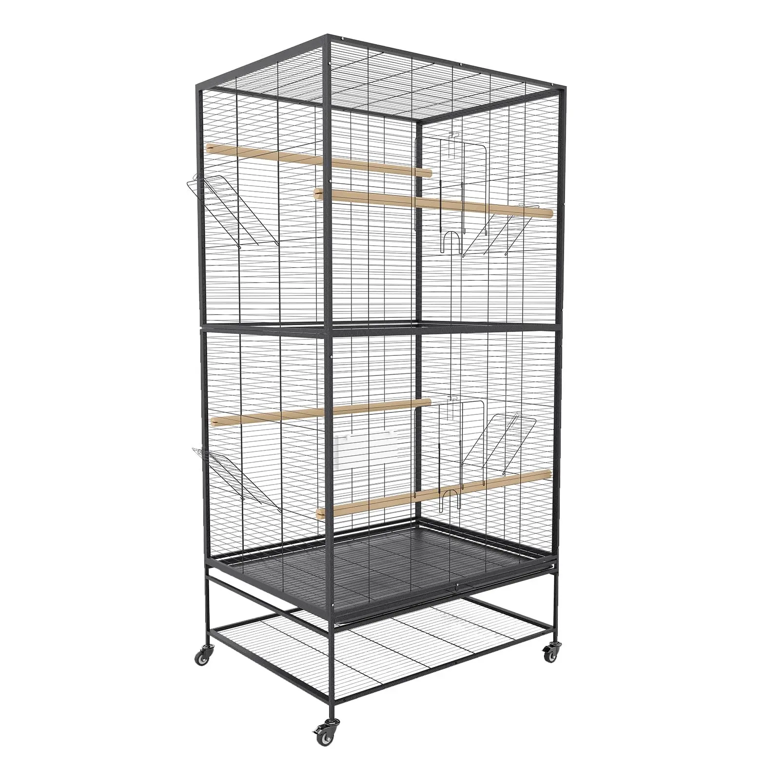 66-Inch Carbon Steel Parrot Cage for Large Birds, Flat Top, Rolling Stand, Removable Tray for Easy Cleaning, Black Single Unit
