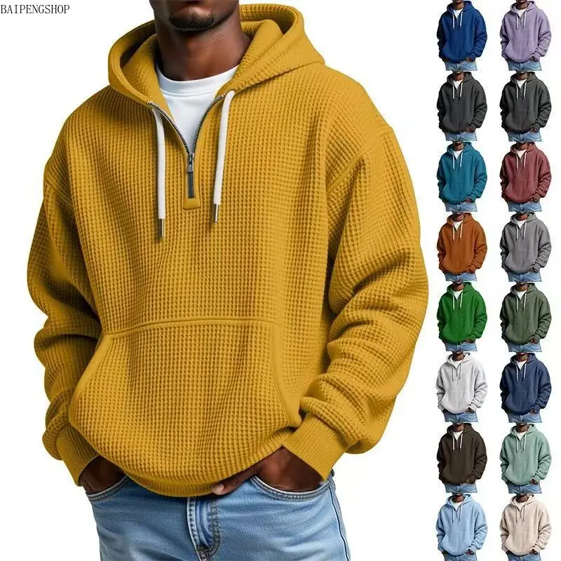 Men's Hoodie, Waffle Knit Longsleeve Streetwear Zip-Up Sweatshirt with Double Hood, 3D Textured Loose Fit Menswear Top, Longsleeves