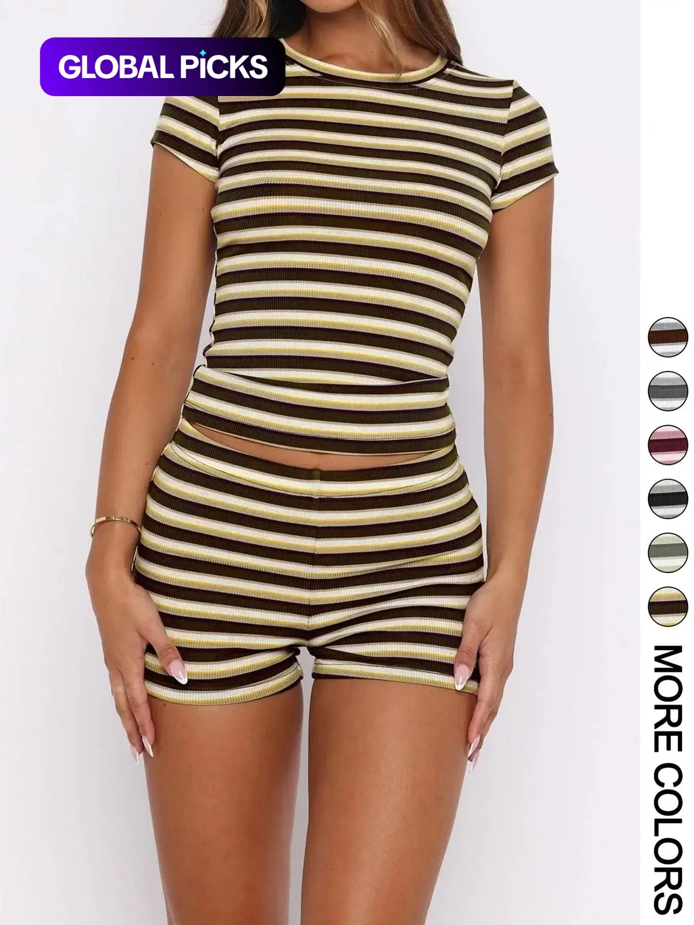 Women's Summer Olive Striped Casual Slim Fit Chic Matching Coordinate Two-Piece Outfit Set, Round Neck Short Sleeve Top + High Waist Mini Shorts #GLOBAL PICKS