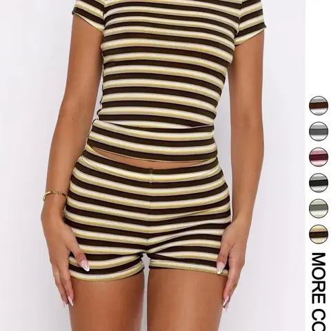 Women's Summer Olive Striped Casual Slim Fit Chic Matching Coordinate Two-Piece Outfit Set, Round Neck Short Sleeve Top + High Waist Mini Shorts Two Pieces Outfits #GLOBAL PICKS