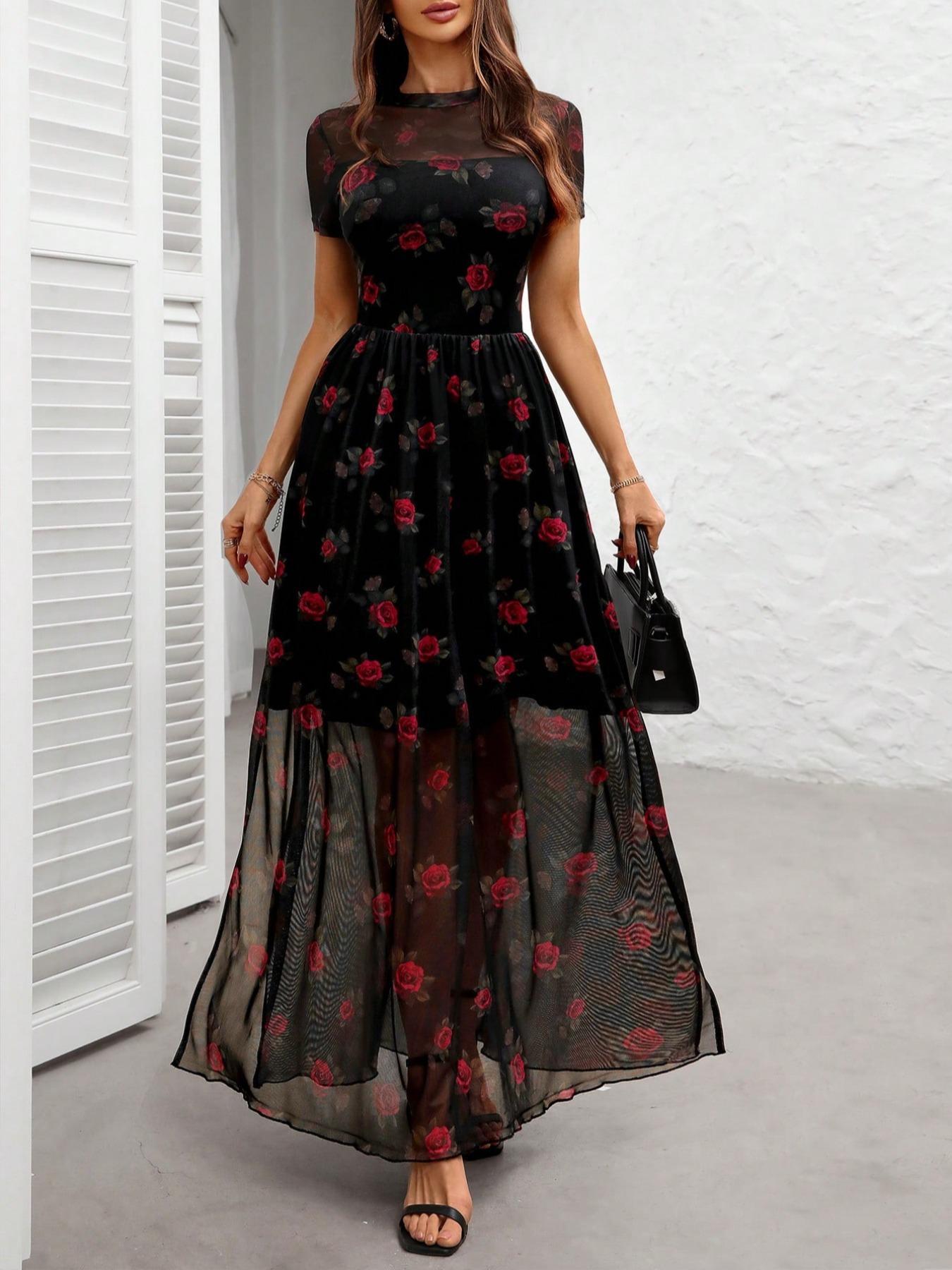 Women's Floral Print Sheer Split Thigh Maxi Dress, Gothic Vintage Short Sleeve Round Neck A Line Dress for Party Holiday Wedding Guest, Ladies Clothes for All Seasons