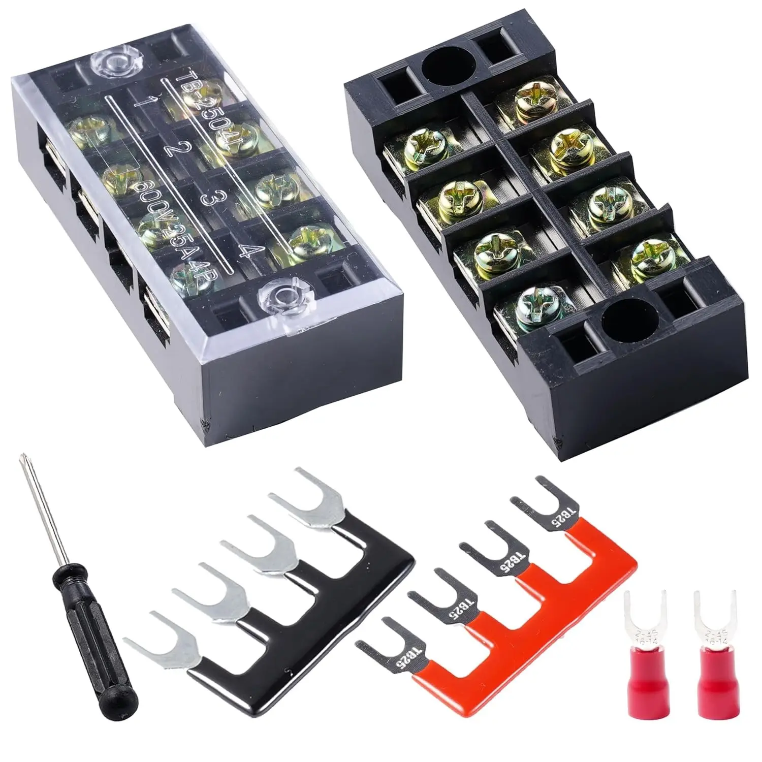 Terminal Block (2 Sets) 2Pcs 4 Positions Dual Row 600V 25A Screw Terminal Strip Blocks with Cover&2Pcs Pre-Insulated Barrier Termina Block Strip& 8Pcs Insulated Fork Wire Connector