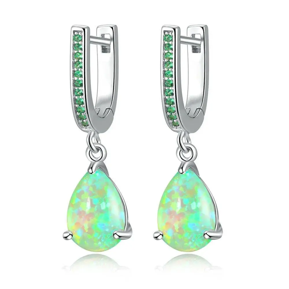Green Fire Opal Dangle Earrings for Women,Teardrop U-Shape Hypoallergenic Earrings with Gemstones,Elegant Boho Statement Jewelry