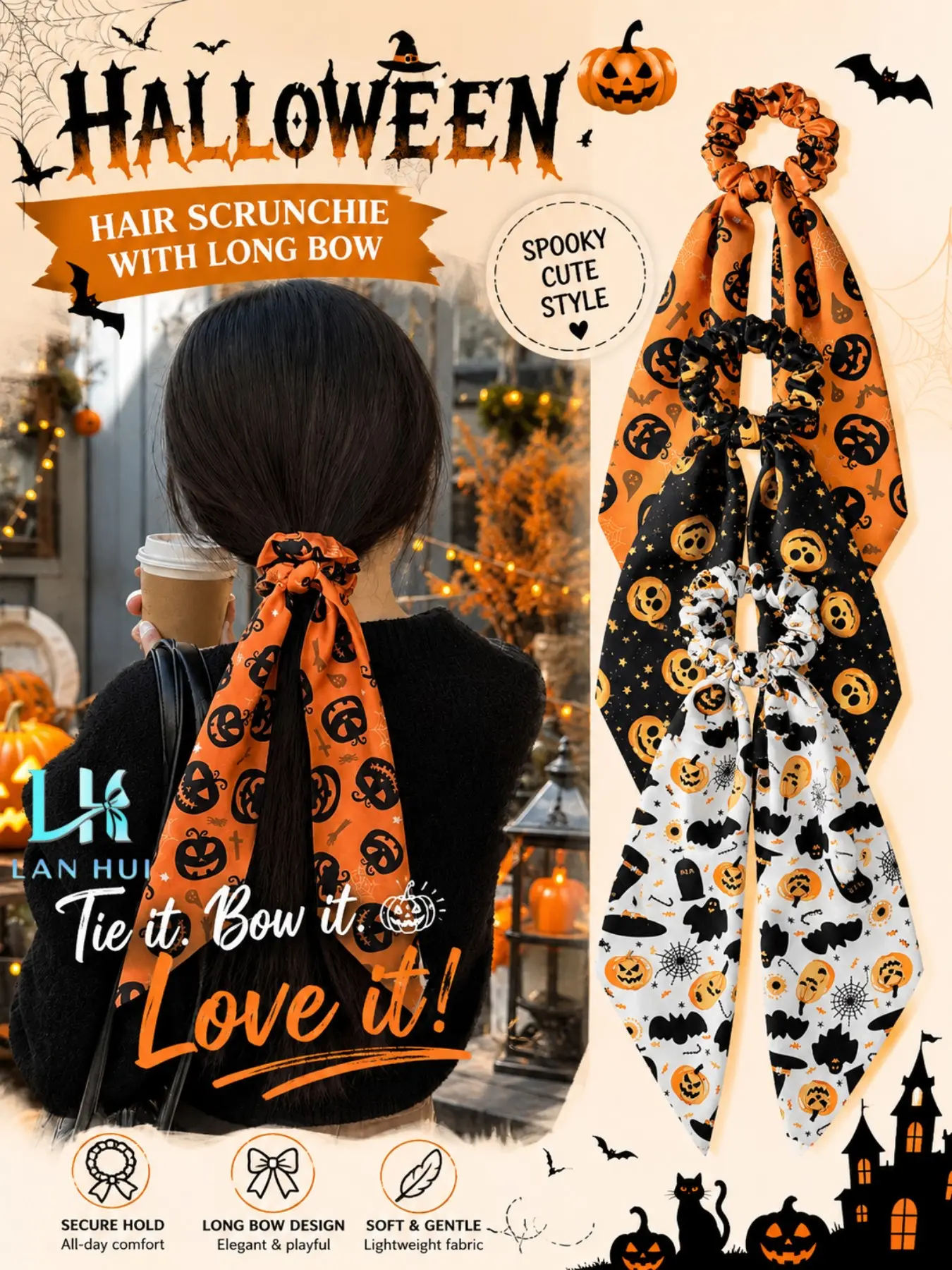 3 Pcs Halloween Hair Scrunchies with Long Bow, Pumpkin Bat Print Scarf Hair Ties, Soft Fabric Bow Scrunchies, Spooky Cute Hair Accessories for Halloween Party Cosplay