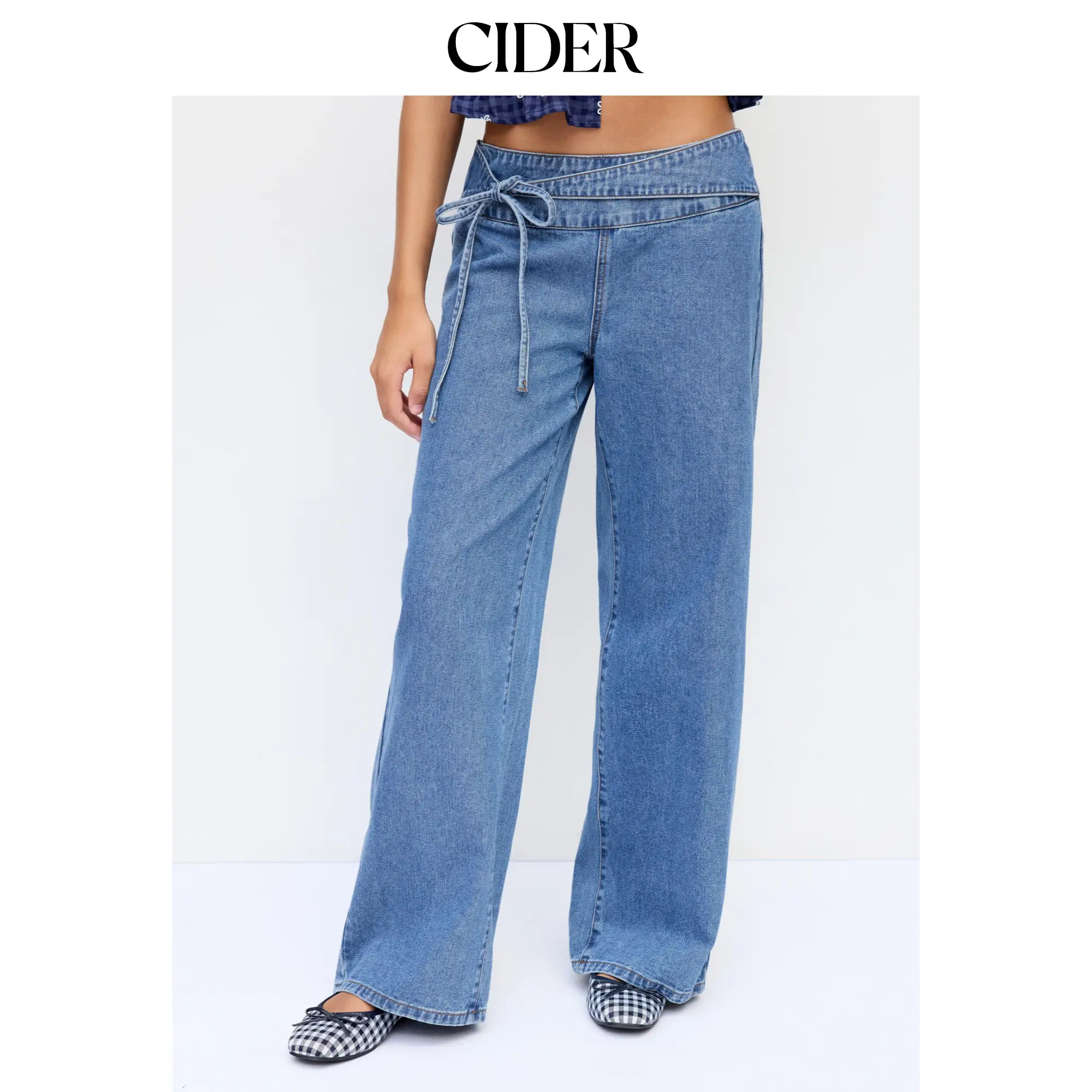 Cider Denim Low Rise Washed Drawstring Wide Leg Jeans