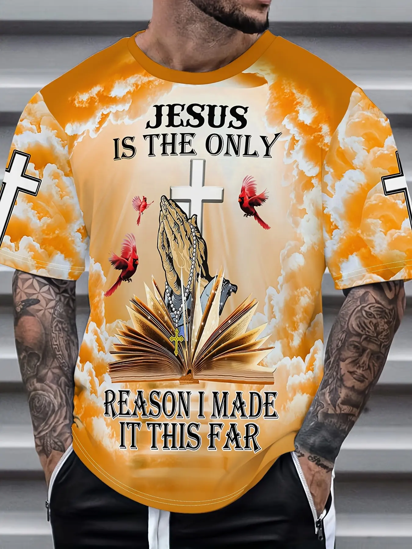 Men's Christian Faith T-Shirt, Prayer Hand & Cross Print, Bright Round Neck Short Sleeve, Church Casual Wear