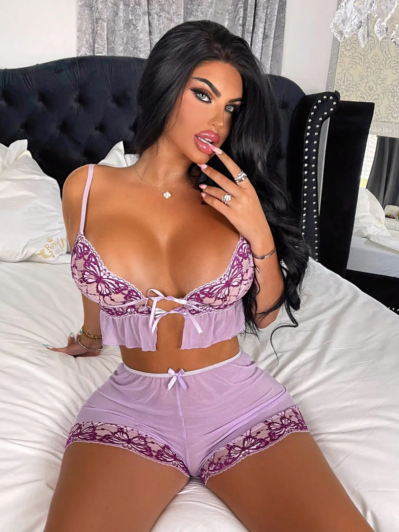 Women's Sexy Lingerie Set, Butterfly Lace Mesh Knit Cardigan, Wireless Full Coverage Bra, Spaghetti Strap, Party Sleepwear, Gift for Him