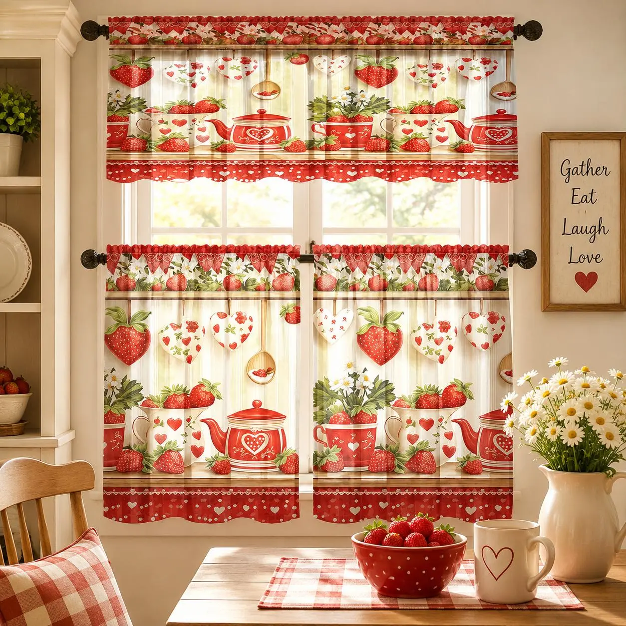 SoftHaven Home Emi-Sheer Microfiber Polyester Window Curtains - 1.5m Geometric Classic Vintage Love Cutlery & Strawberry Print, Made in USA, Stain-Resistant, Machine Washable, All-Season, Ideal for Cafe, Room Decor, House Decor