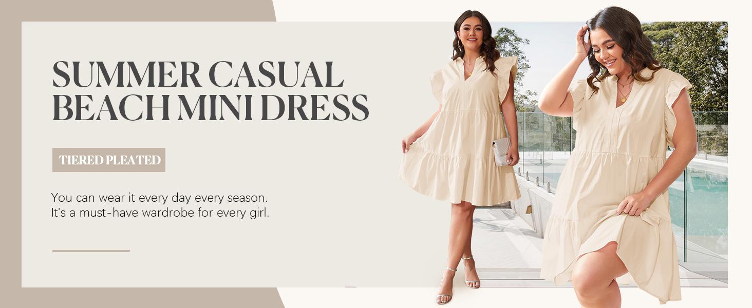 【1XL-5XL】Imily Bela Curve Plus Size Dresses for Women Summer Ruffle Short Sleeve V Neck Dress Tiered Swing A Line Babydoll Mini Dress