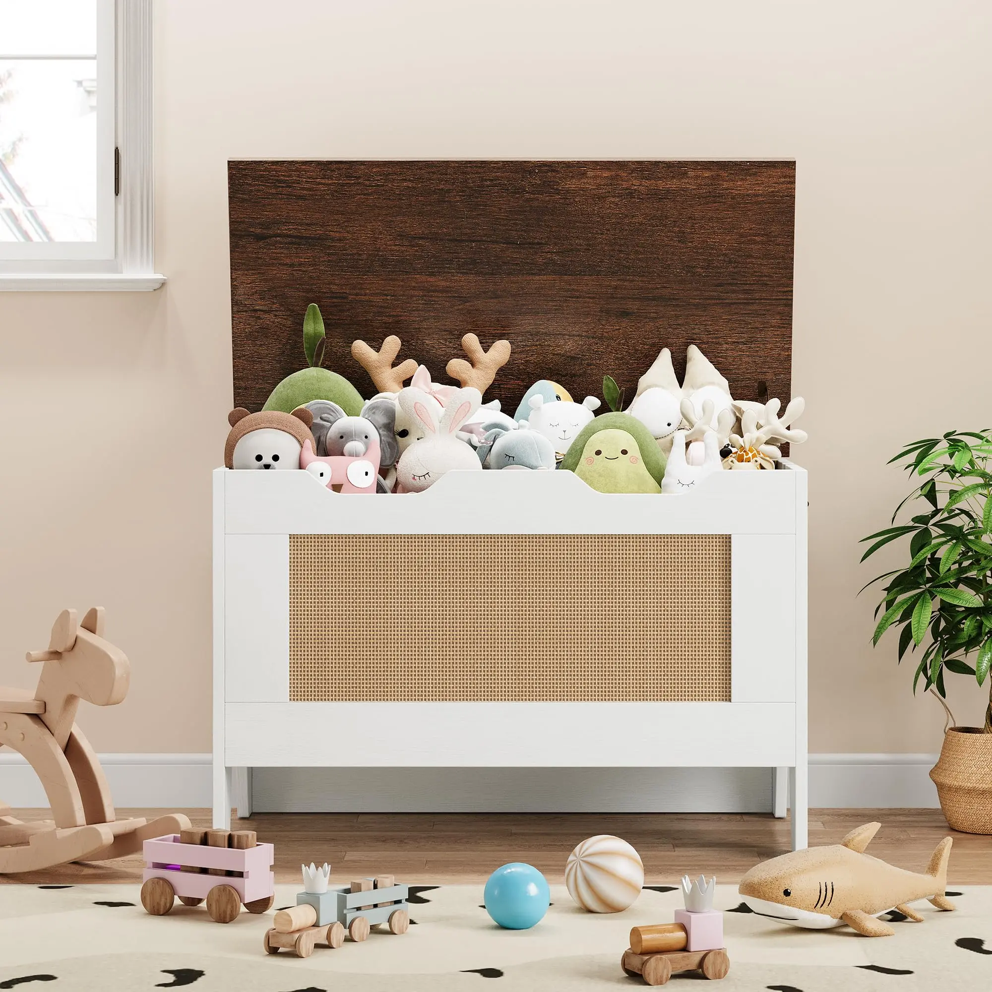 Spacious Storage Bench for Living Room – Farmhouse Style Wooden Trunk with Safety Hinge – Multipurpose Entryway Chest for Blankets and Toys – 39.4 Inch – Greige, White, Rustic Brown