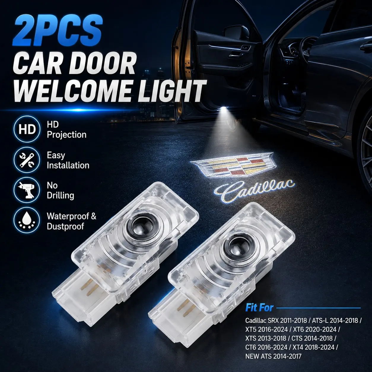 💡🚗Cadillac Door Projector Light / LED Logo Ghost Shadow Light / Car Courtesy Puddle Lamp / Door Welcome Light / Plug & Play LED Lamp / Cadillac Accessories / Car Interior Decoration Light / 12V LED Projection Lamp / Welcome Car Lights