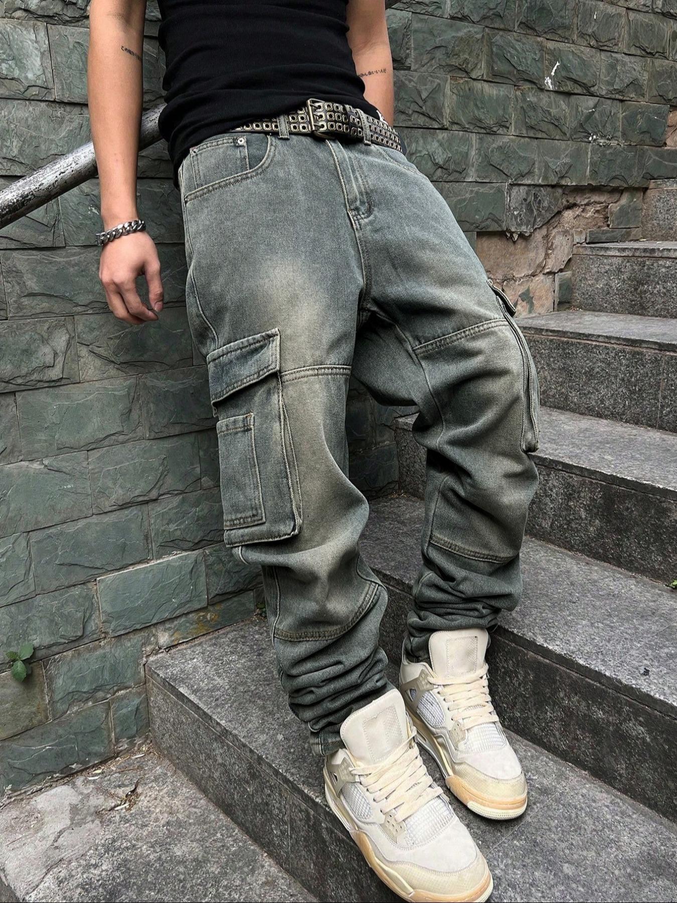 Men's Pioneer Trend Heavyweight Washed Vintage Street Casual Workwear Jeans Extra-Long Straight Loose Fit | Multi-Pocket Design for All Seasons | Button Closure Ideal for Men's Daily Wear