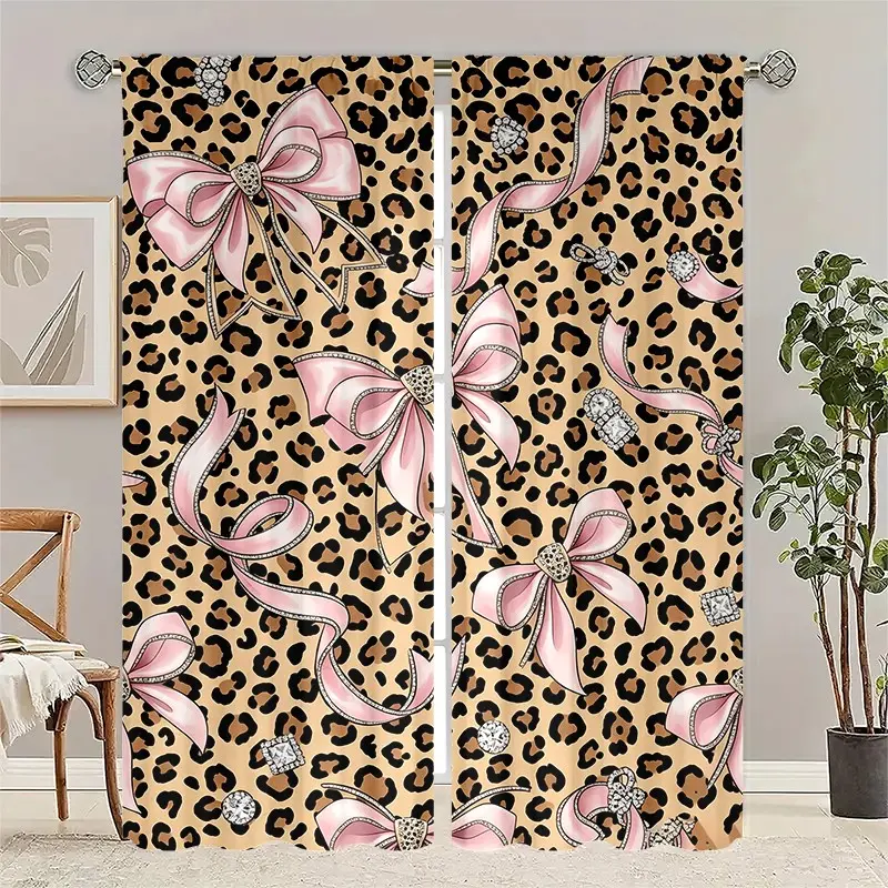 2 pieces of hot girl style leopard print big bowknot curtains, light luxury rhinestone 2D printing finished curtains for bedroom, living room, and dormitory