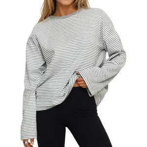 Flowyair Women's Oversized Striped Long Sleeve Cotton T-Shirt - Crew Neck, Drop Shoulder, Loose Fit, Casual Trendy Fabric Top for Women, Longsleeves