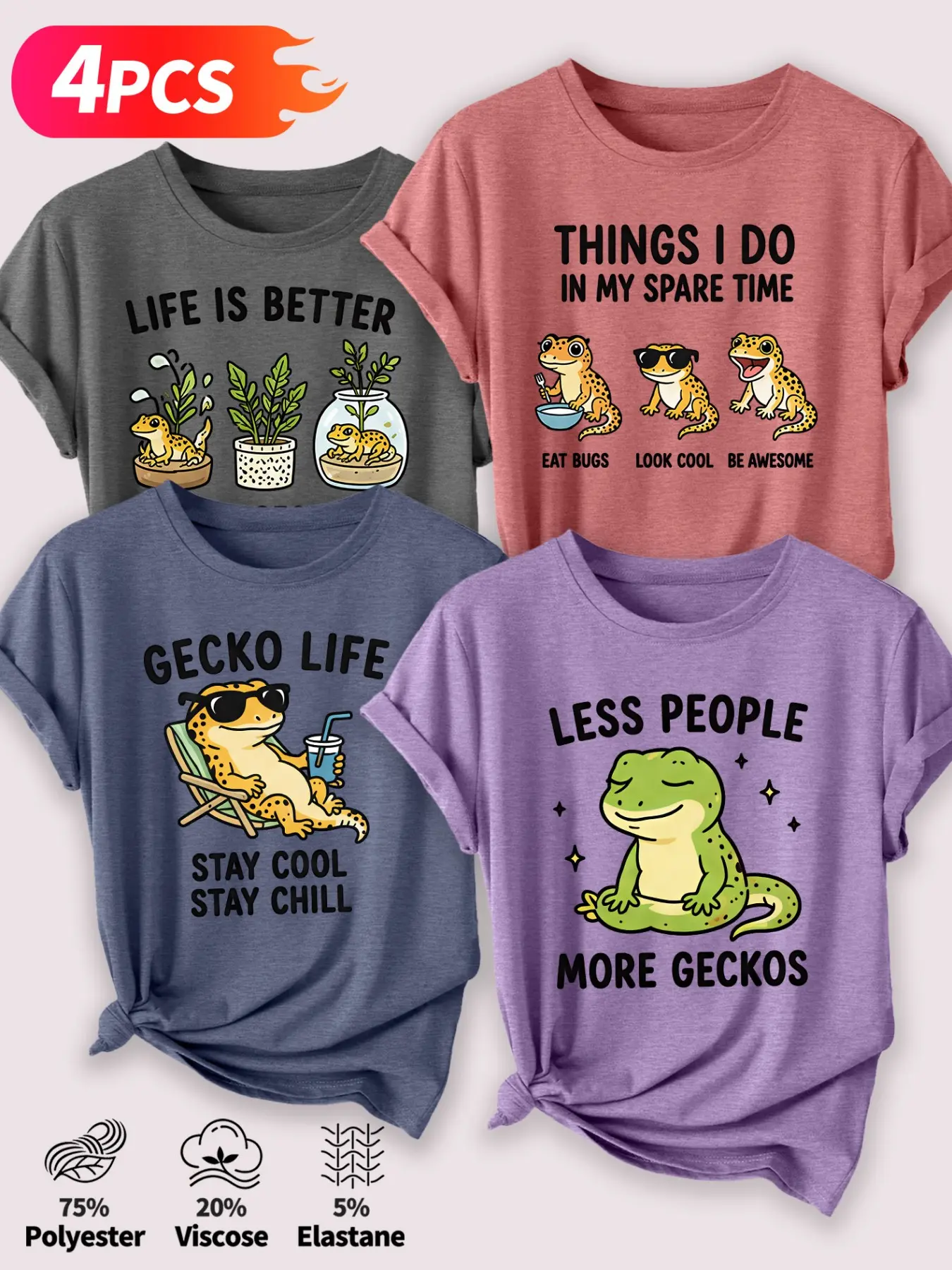 4Pcs Women Crew Neck T-Shirt, Funny Gecko Lizard Cute Pet Casual Cartoon Print, Multi-color Washable Spring Summer Top, Soft Skin-friendly Fabric Daily Versatile Fashion Design