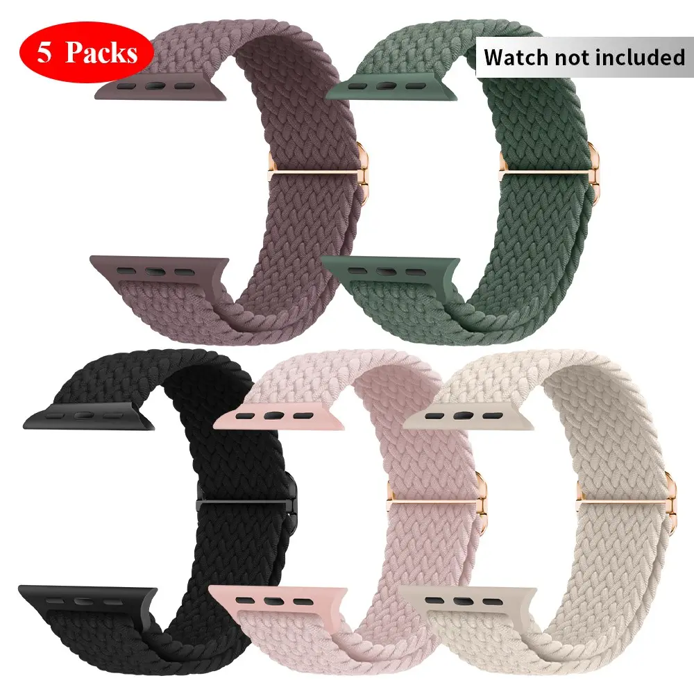 Braided Nylon Watch Band, Adjustable Fashion Watch Band, 5-Count Sport Elastic Nylon Cloth Watch Wristband, Smartwatch Strap for Apple Watch Series 9, 8, SE, 7, 6, 5, 4, 3, 2 and 1