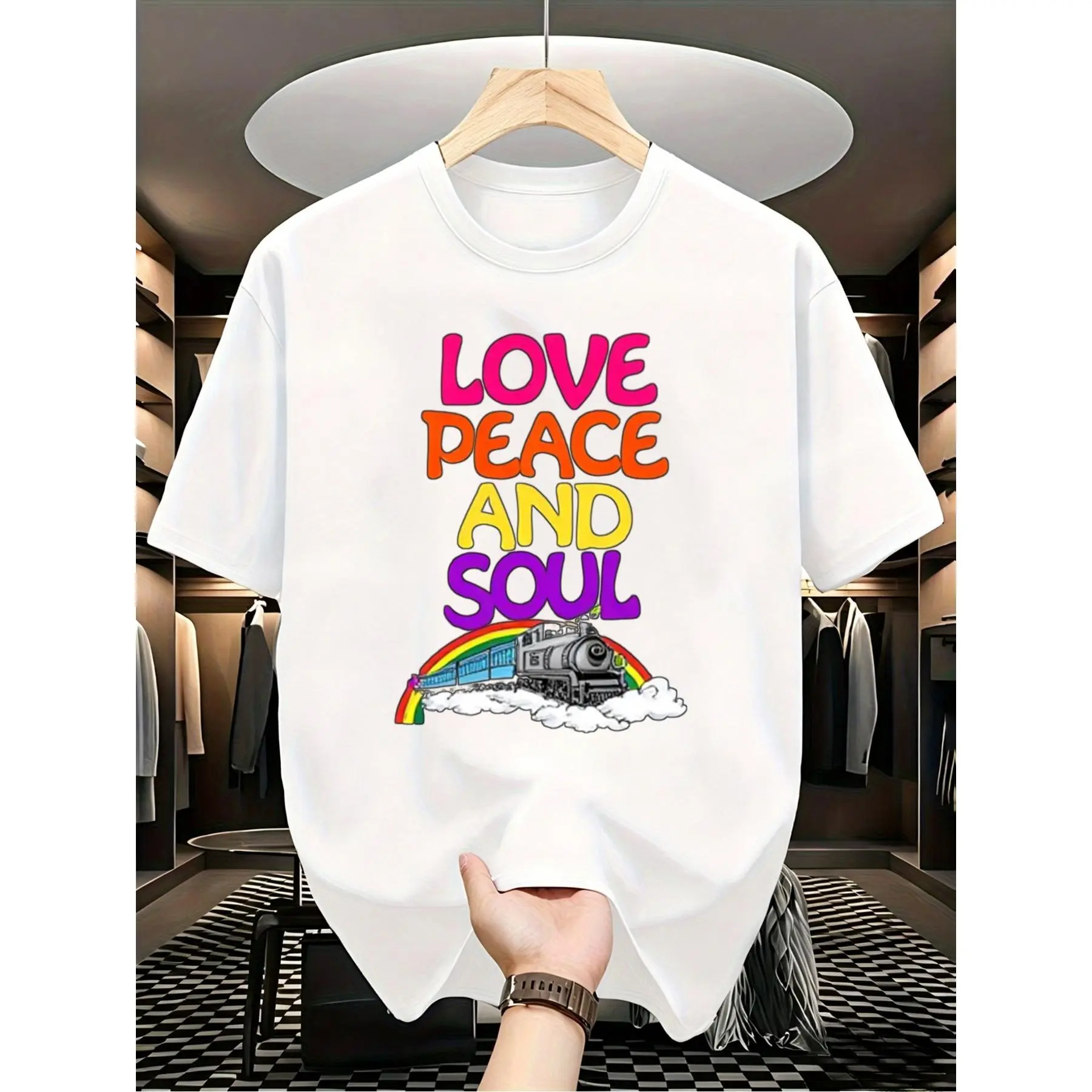 Men's Casual Cotton Graphic T-Shirt - 1pc Crew Neck Short Sleeve with Love Peace And Soul Rainbow Train Print, Menswear Top, Tshirt, Round Neck, Fabric, Stretch, Cotton Blend, Love Peace Soul, Machine Wash, Clothes, Standard Cut