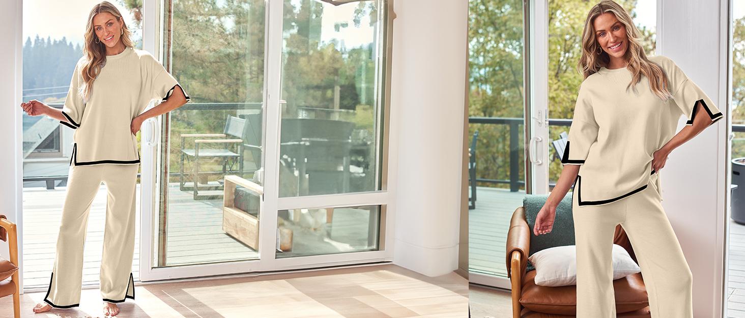 2 Piece Lounge Sets Women's Short Sleeve Knit Top Wide Leg Pants Sets Soft Womenswear Oversized Stretchy Chic Comfortable Comfy Elastic Overalls Loungewear Homewear