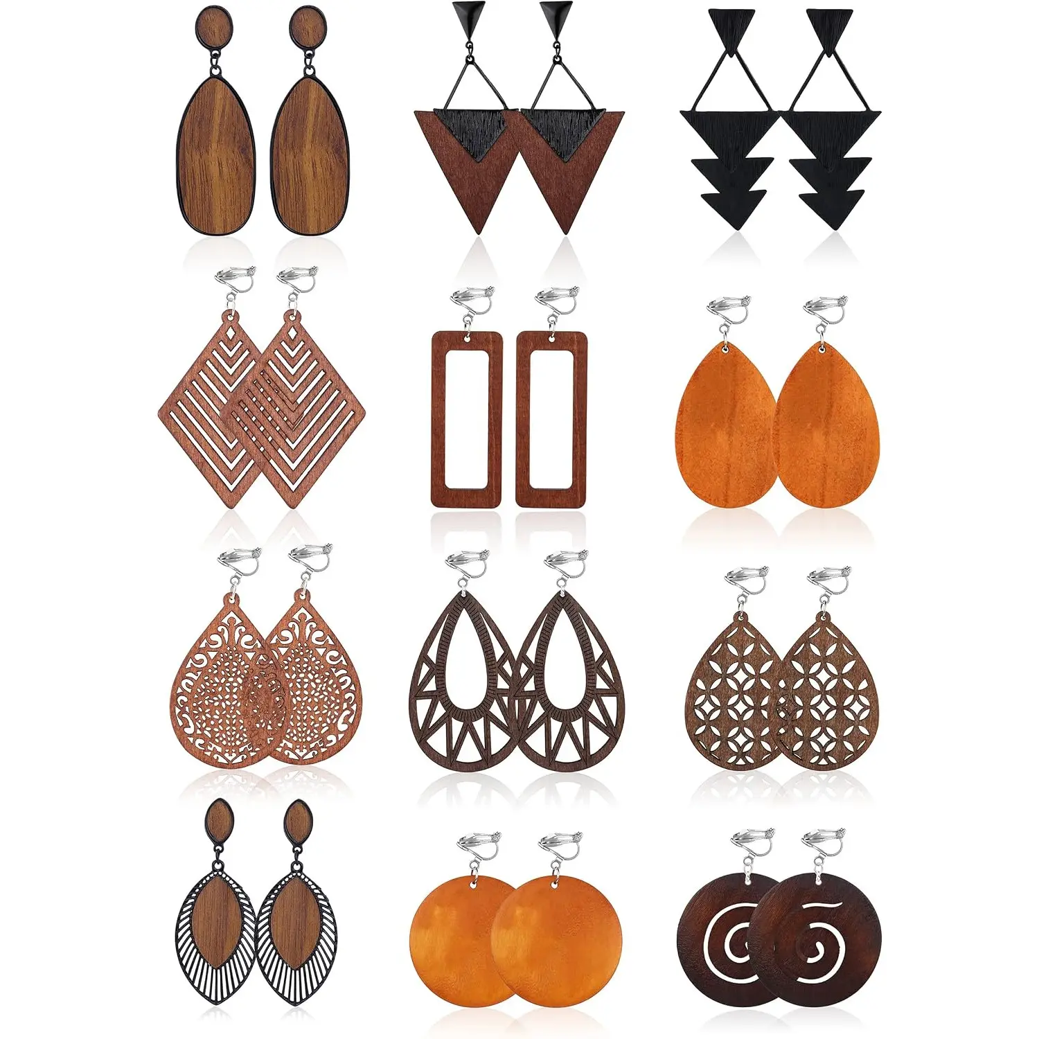 12 Pairs Wooden Clip-On Earrings for Women, African Natural Wood Dangle Earrings, Lightweight Ethnic Statement Drop Earrings Set