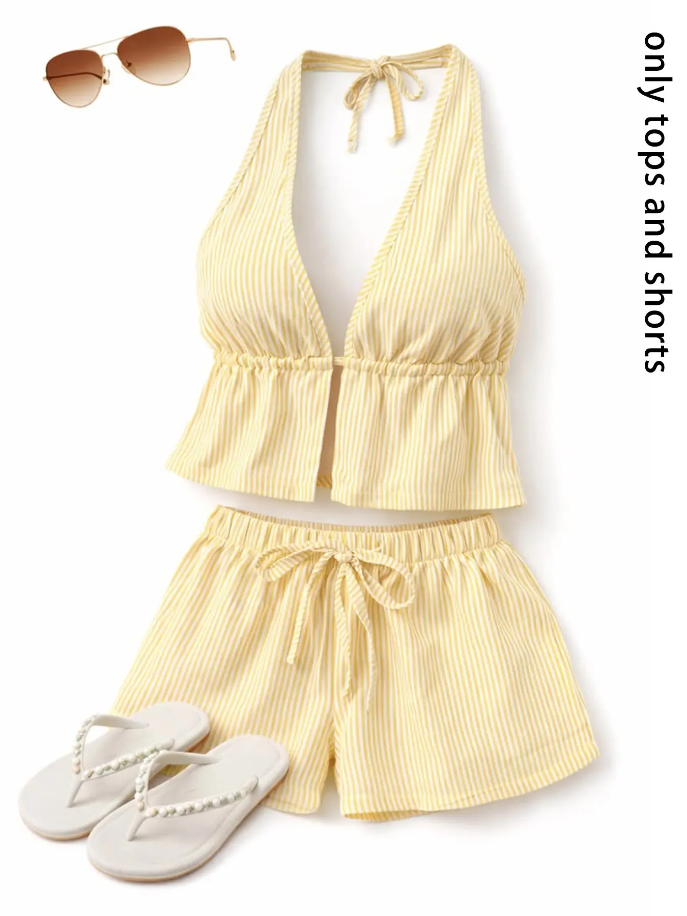2 Pcs Women Chic Striped Halter Crop Top & Shorts Set, Sleeveless Tie Back V Neck Two Piece Outfit, Beach Vacation Summer Loungewear