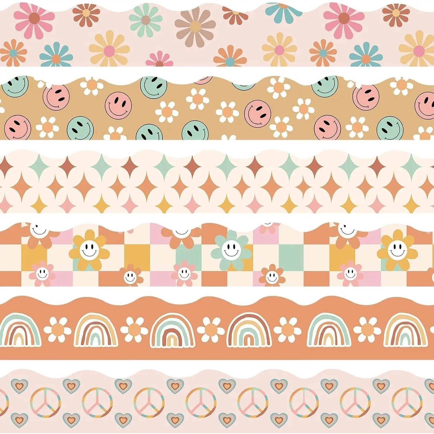 Boho Bulletin Board Borders Retro Classroom Decorations, 84Ft Groovy Bulletin Board Border Daisy Floral Rainbow Decor Colorful Scalloped Trim Border for Teacher School Supplies Classroom Decor