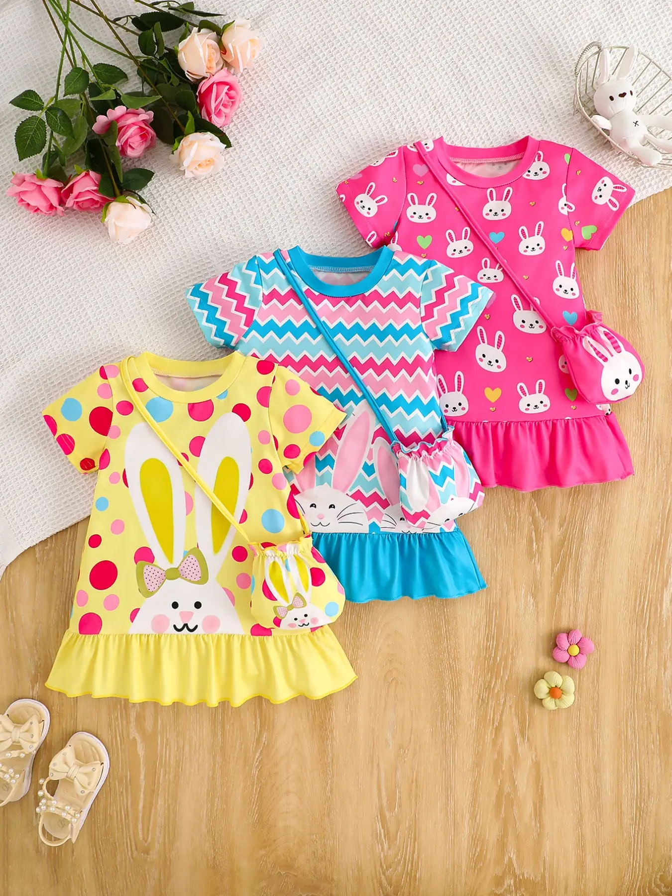Three-Piece Baby Girl Dress Set with Bunny Print, Easter with Crossbody Bag, Perfect Gift for Granddaughter, Tiktok Shop Promo