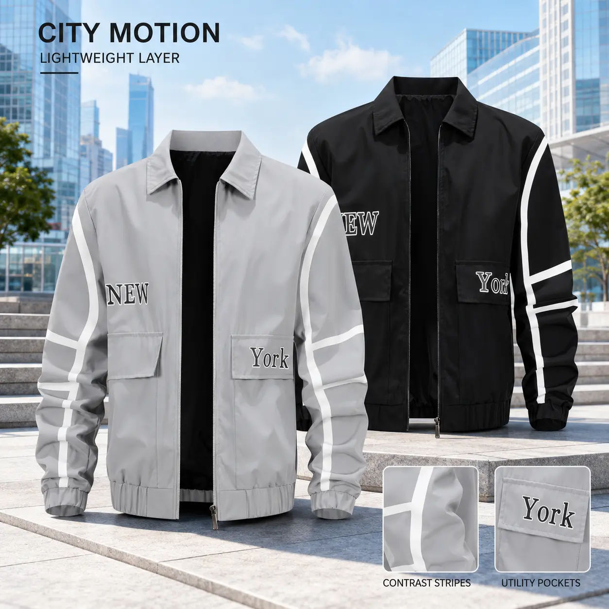 Vintage New York Graphic Jacket Men Striped Sleeve Elastic Cuff Hem Lightweight Daily Windbreaker Outerwear
