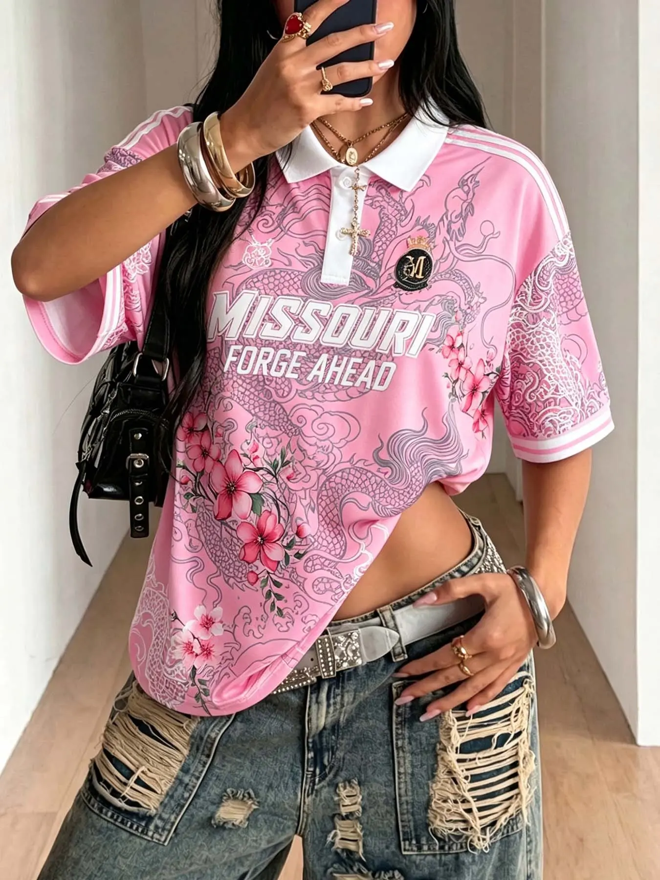 Pink dragon cherry blossom pattern loose polo shirt, soft and breathable fabric, Y2K women's aesthetic casual top, fashionable retro hip-hop daily wear.
