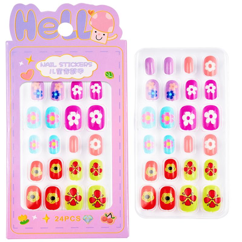 24Pcs/Box Children False Nails Kids Cartoon Girl Press on Nail Short Artificial Fake Nail Safe Full Cover Acrylic Nail Tips Kits
