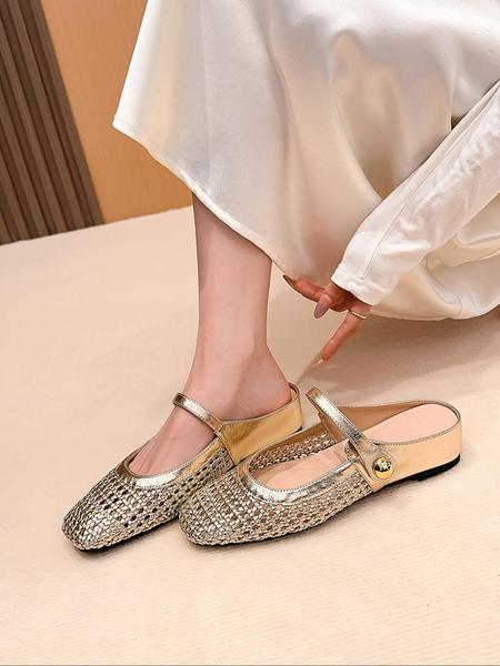Women's Square Toe Woven Hollow Out Casual Flat Shoes, PU Leather Upper, Rubber Sole, Medium Width, All Season Fashion Sneakers