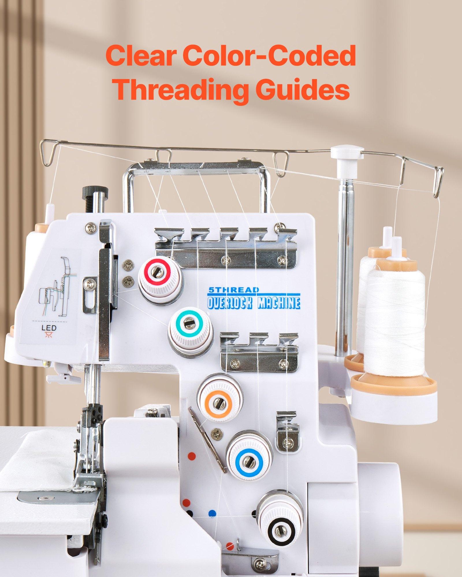 VEVOR Serger Overlock Sewing Machine, 1250 Stitches Per Minute, 2-3-5 Thread Capability, with LED Light and Strong Suction Feet, Heavy-Duty Metal Frame Sewing Machine for Various Fabrics, White