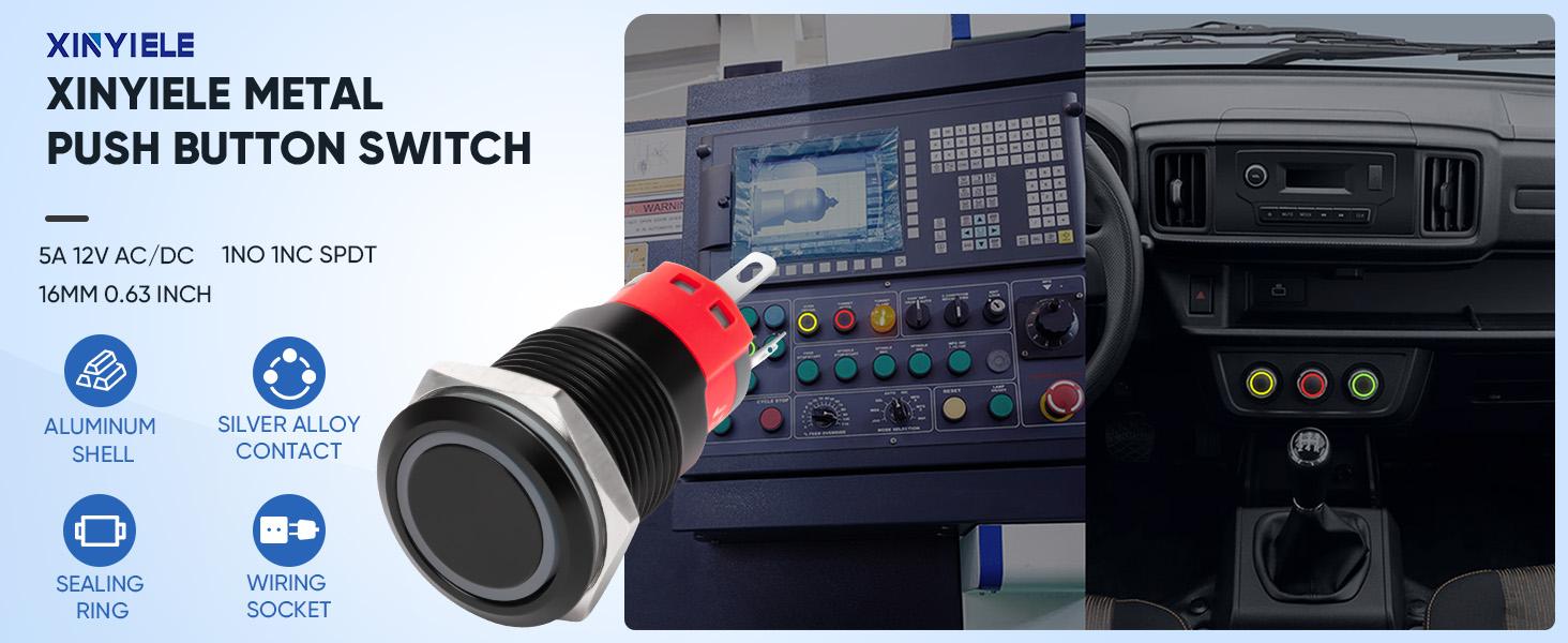 16MM Latching 12V Push Button Switch On Off,Waterproof with LED Light Power Button Switch for car，0.63" Mounting Hole with Wire Socket Plug Self-Locking(Ring Red LED/Black Shell