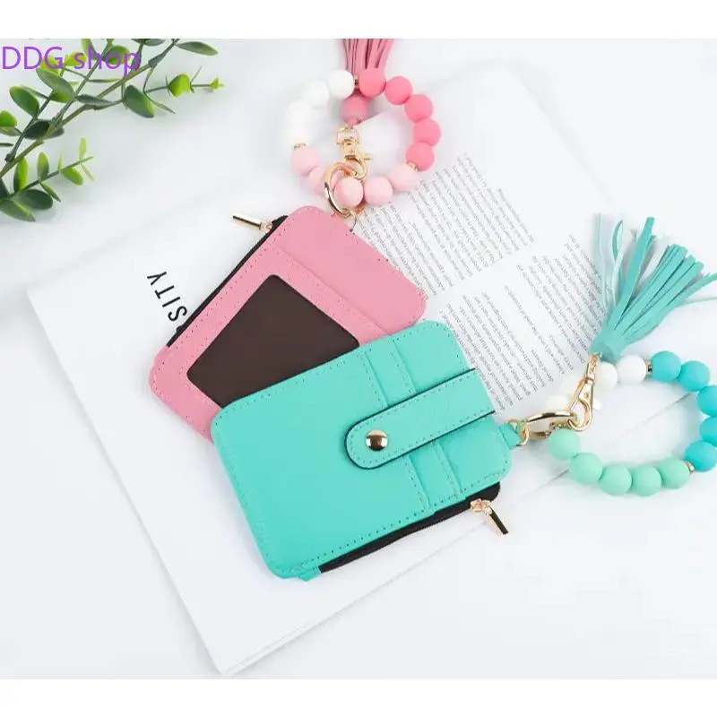 Women's 2026 Durable Silicone Bead & PU Leather Key Holder Wristlet - Compact, Small Everyday ID Credit Card Wallet with Bangle Bracelet (Sports & Outdoor Gym Accessory)