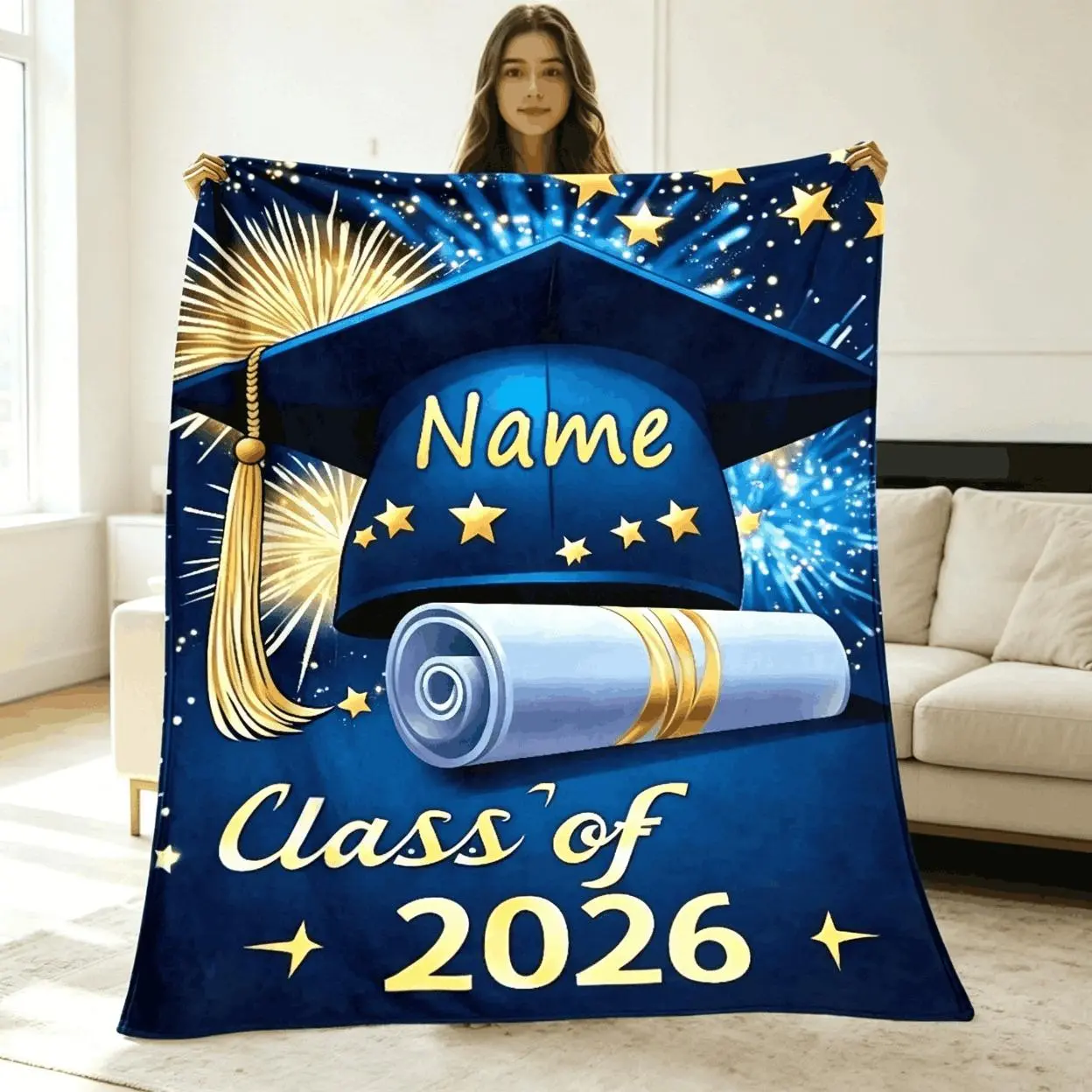 Custom Name Class Of 2026 Flannel Blanket - Cap, Diploma, Star Print - Wrinkle-Resistant, Breathable, All-Seasons Soft Lightweight Throw for Adult Graduation Gift, Dorm Bed, Garden Decor