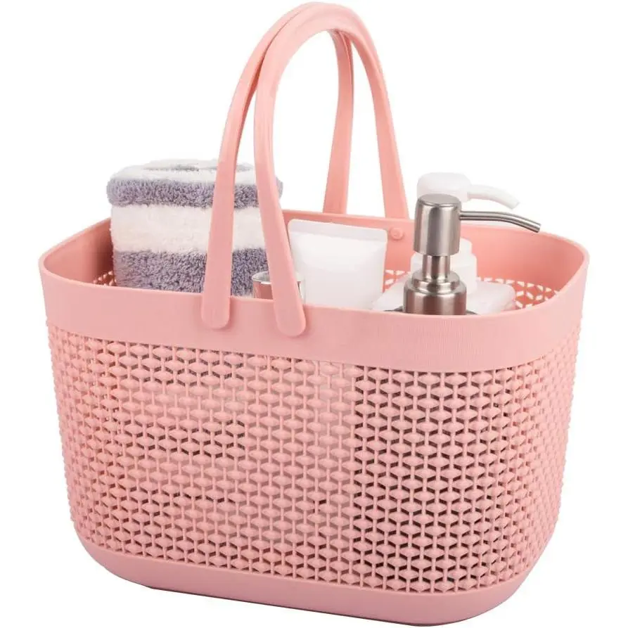 Plastic Storage Baskets with Handles, Shower Caddy Bins Organizer for Bathroom and Kitchen (Pink)