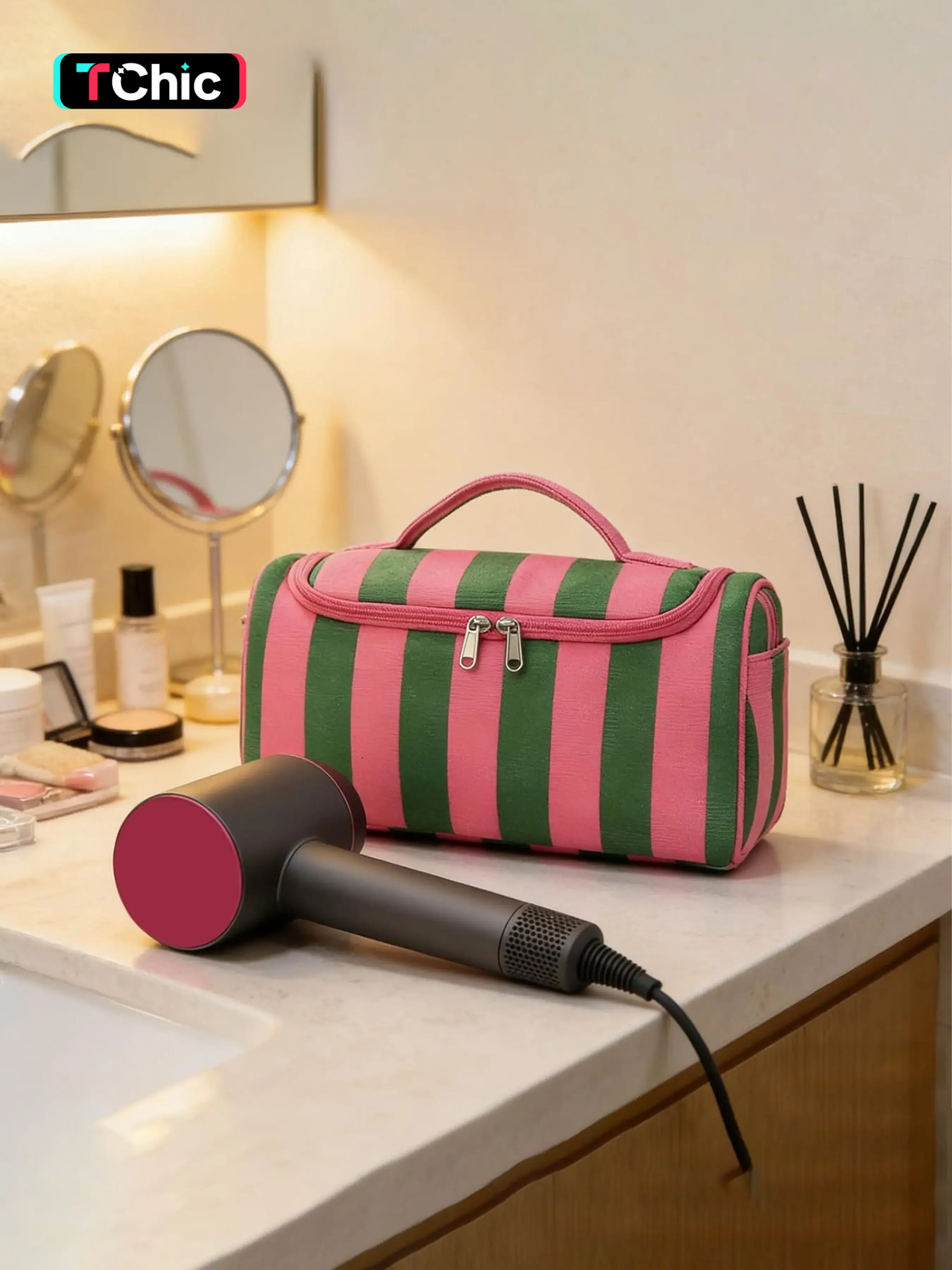 Striped Travel Case Hair Tool Compatible with Dyson Airwrap Shark Complete Styler and Attachments Cute Hair Dryer Bag, Vintage Canvas Hair Tools Travel Bag with Hanging Hook, Multi-Functional Storage Hair Curler Organizer