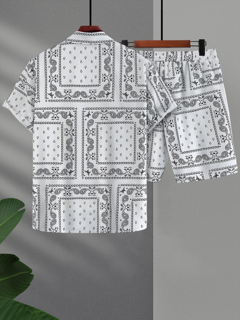 Men's All Over Print Short Sleeve Shirt & Shorts Two-piece Set, Casual Button Collar Top & Drawstring Waist Shorts, Men's Summer Clothes, Casual Outfit Set