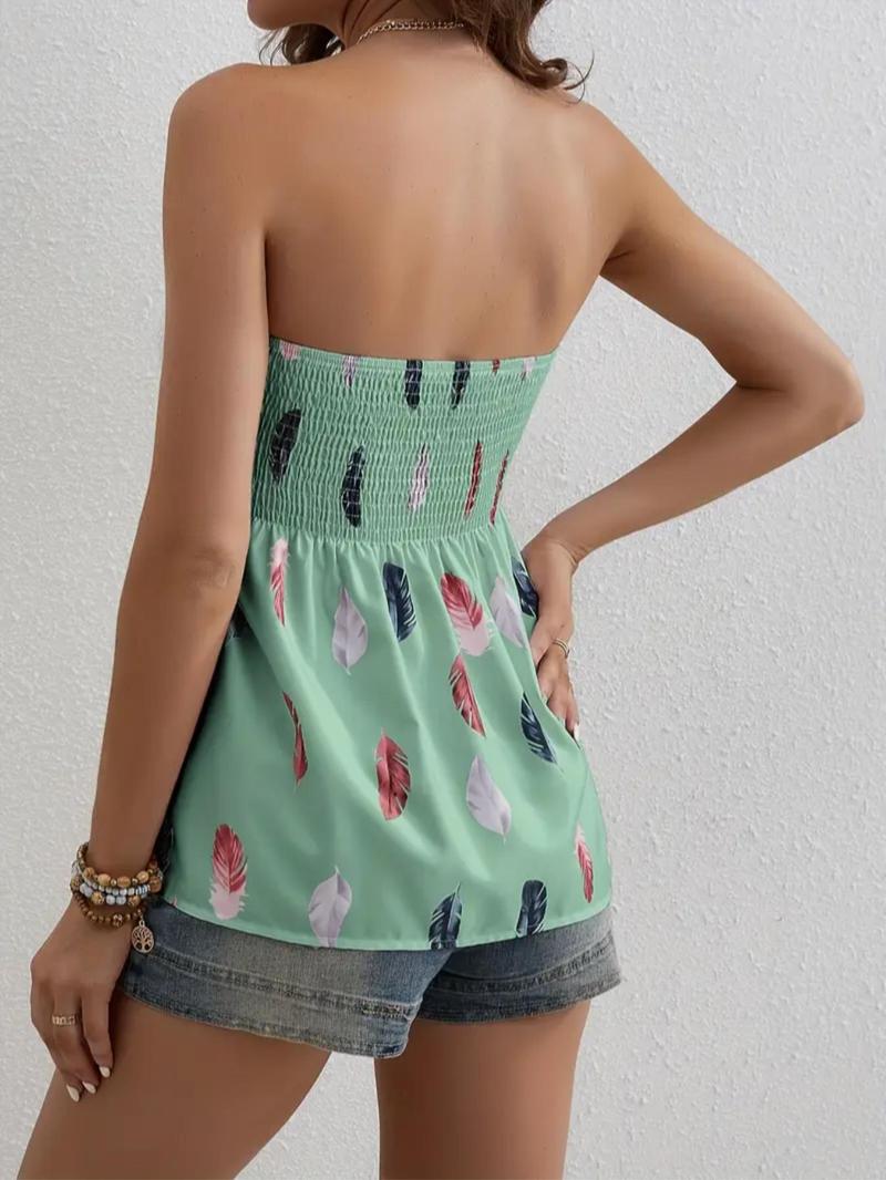 Plus Size Feather Print Shirred Peplum Tube Top, Boho Sleeveless Top, Casual Strapless Top for Beach Holiday Vacation, Women's Clothes for All Seasons