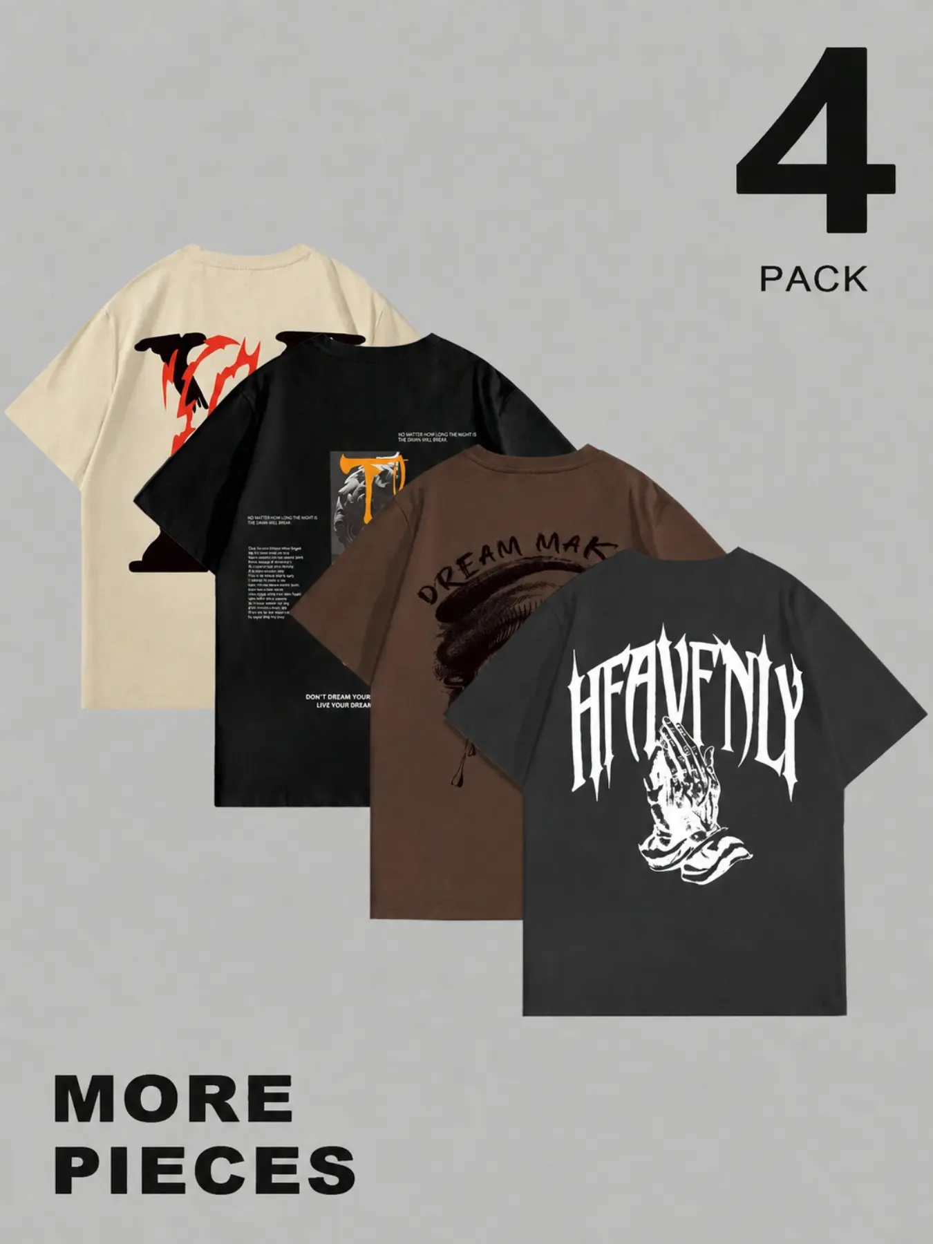 Vintage Washed Y2K Urban Streetwear 4‑Piece Men T‑Shirt Set Shape‑Retaining Lightweight Short Sleeve Tees Multi Gothic Grunge Back Graphic Print Crew Neck Loose Tops For Gen Z Young Men Daily Club Street Outfit Gift For Him
