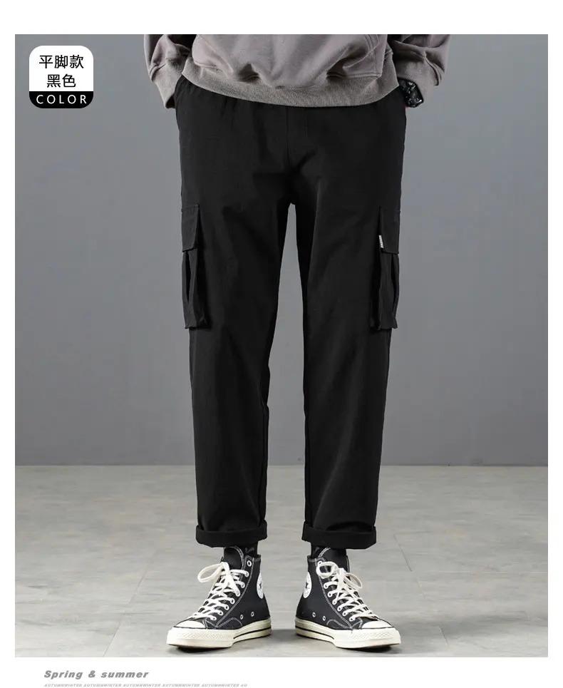 Casual work pants men's spring and autumn Japanese style Hong Kong style straight leg men's pants with multiple pockets, trendy black men's fashion brand ins loose paratrooper casual pants, thick American logging ankle pants
